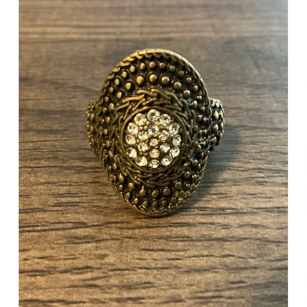 Antiqued Brass Ring Plated Crystals Sz 9 New Premier Designs Jewelry